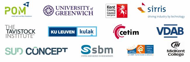 Logo's van partners (POM - Greenwich University - Kent County Council - Sirris - The Tavstock Institute - KU Leuven - cetim - VDAB - SUD concept- Syntra voor bedrijf en medewerkers - MEEF Santerre Haute Somme - Midkent College 
