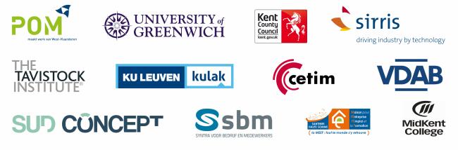 Logo's van partners (POM - Greenwich University - Kent County Council - Sirris - The Tavstock Institute - KU Leuven - cetim - VDAB - SUD concept- Syntra voor bedrijf en medewerkers - MEEF Santerre Haute Somme - Midkent College
