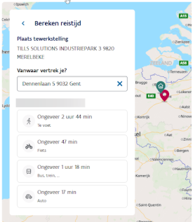 Screenshot van een kaart in Vind een job, met daarbij een venster waarin je de vertrekplaats van de werkzoekende kan ingeven en de reistijd kan berekenen