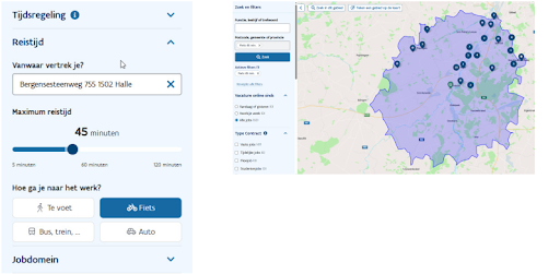 Een screenshot van Vind een job met links een kolom met een filter op reistijd en rechts een kaart met aanduidingen van welke vacatures er zijn op die afstand